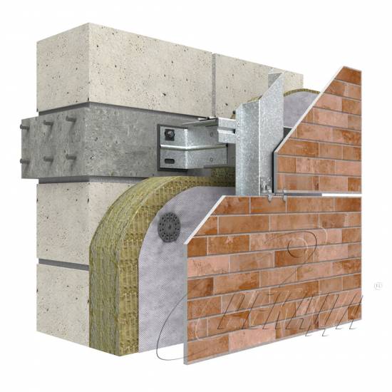 Фасадные системы - Подсистема оцинкованная Из керамогранита Кляммер Видимый способ Крепление в бетонные перекрытия